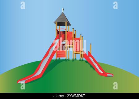 Castle climbing frame with two slides on a green hill on a playground. Yellow frame with red planks and red with silver slide and a witte gray roof. Stock Vector