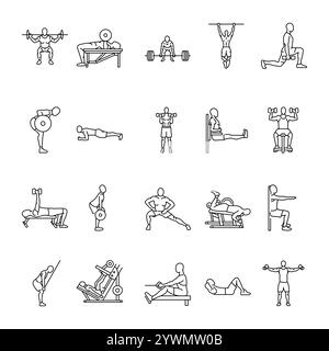 Fitness exercises that men do line icons set. Vector isolated elements. Editable stroke. Stock Vector