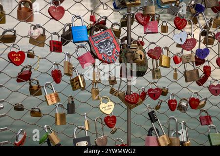 Love locks on a bridge fence Stock Photo