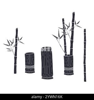 Set of black silhouette of bamboo branches and vases Stock Vector