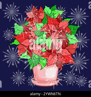 Poinsettia plant in pot with snowflakes vector illustration Stock Vector