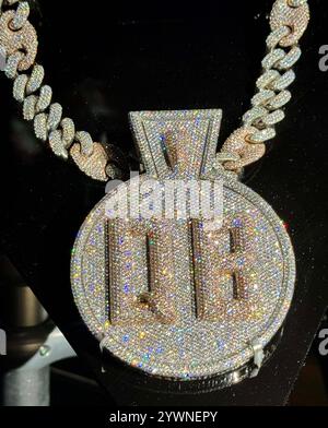 New York, New York, USA. 10th Dec, 2024. Nas Queensbridge necklace, Pristine Jewelers, 2018, White and rose gold, diamonds, seen on display at the Ice Cold: An Exhibition of Hip Hop Jewelry held at the American Museum of Natural History. (Credit Image: © Nancy Kaszerman/ZUMA Press Wire) EDITORIAL USAGE ONLY! Not for Commercial USAGE! Stock Photo