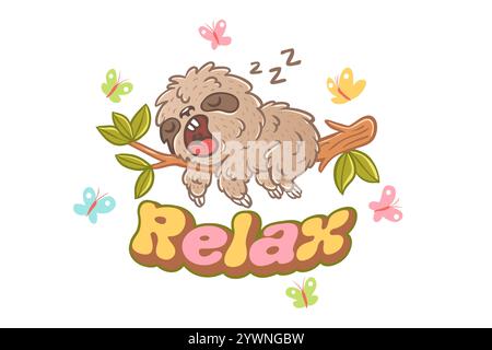 Vector illustration of a sleep sloth on branch with green leaves. Not today. Stock Vector