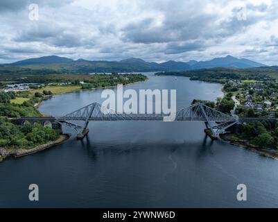 Aerial view of the Connel Bridge near Oban, Scotland. Connel Bridge is a cantilever bridge that spans Loch Etive at Connel in Scotland. Stock Photo