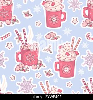Christmas Seamless pattern. Sweet Cream Dessert Mug, cup Festive Hot Cocoa with Marshmallows on light blue background with holly, stars and snowflakes Stock Vector