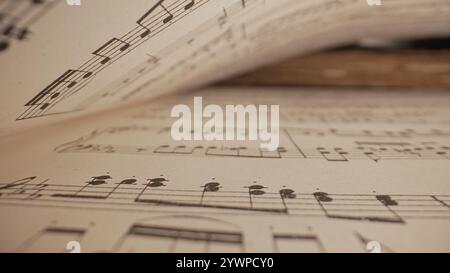 Macro background of saved medieval book with ancient musical notes writings. Texture of old handwritten classical symphony, beautiful melody, hobby Stock Photo