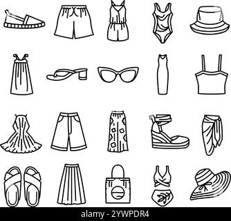 Women's summer clothes line black icons set. Vector isolated button. Editable stroke. Stock Vector