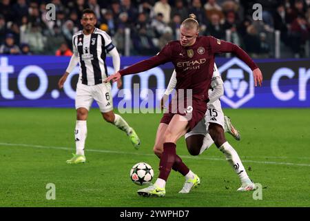 Manchester City's Erling Haaland shoots during the UEFA Champions League, league stage match at the Allianz Stadium, Turin, Italy. Picture date: Wednesday December 11, 2024. Stock Photo