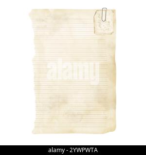Old sheet of paper with worn edges, stapled with a card with a floral pattern. Watercolor digital illustration. Yellowed sheet of parchment, lined let Stock Photo