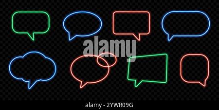 Neon light speech bubbles. Shiny message sign with glowing neon frame border. Color frames for quotation text. Speech bubble banner, price tag, luminous discount. Vector set. Stock Vector