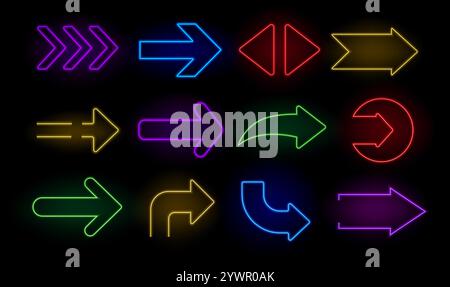 Neon directional arrows. Bright arrow pointer electric illuminated symbols, advertising neon signboards indicating direction. Vector arrow icons isolated set. Stock Vector