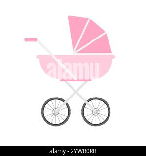 Vector flat cartoon pink baby pram isolated on white background Stock Vector