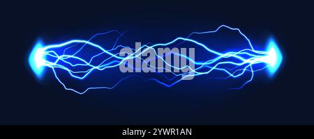 Electric discharge. Thunder bolts blue lightning, electric shock glowing flash effect. Power electrical energy lightning. Vector concept. Stock Vector