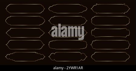 Arabic golden frames. Ramadan banners, Islamic gold luxury ribbons, muslim retro tags. Arabic text box and vintage title frame vector isolated set. Stock Vector