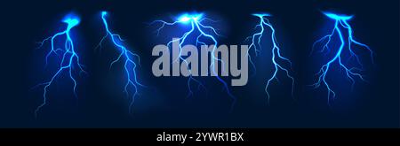 Realistic lightning. Thunder storm blue flash lightnings. Electric strike, thunderbolt bright light effect, power energy charge. Vector isolated set. Stock Vector