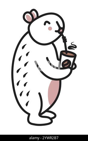 Cute black line capybara vector doodle, trendy kawaii character with a cup of mocha mousse, big friendly rodent for a postcard, coloring page, fabric Stock Vector