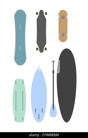 Vector flat cartoon colored bundle of different boards isolated on white background. Surf, skate and snowboard set Stock Vector