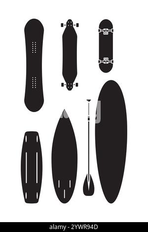 Vector flat black bundle of different boards isolated on white background. Surf, skate and snowboard set Stock Vector