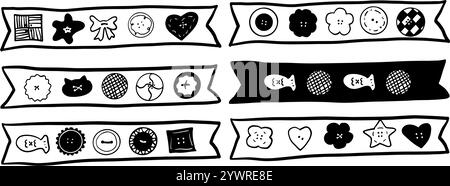 Hand-Drawn Washi Tape Decor Set | Minimalist Doodle Vector for Craft and Stationery Designs Stock Vector