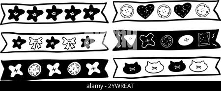 Hand-Drawn Washi Tape Decor Set | Minimalist Doodle Vector for Craft and Stationery Designs Stock Vector