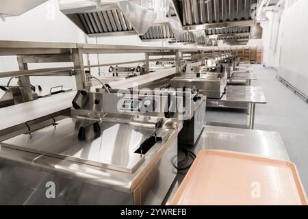 Food industry. Empty clean conveyor belt in a modern food factory. Food production concept Stock Photo