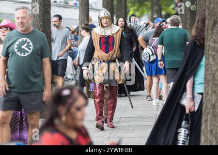 Atlanta, GA / USA - September 2, 2023:  A man wears a medieval English knight costume as he prepares to walk in the annual Dragon Con parade. Stock Photo