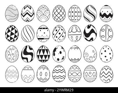 Easter eggs outline drawing flat vector clipart set design. Easter egg clip art in black doodle sketch pattern for spring celebration and traditional Stock Vector
