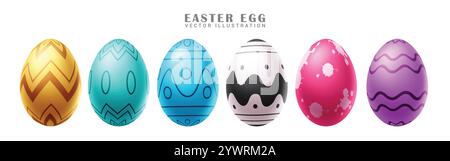 Easter eggs colorful clipart set. Easter egg clip art in cute colorful printed pattern like zigzag, curve and circle collection for hunting Stock Vector