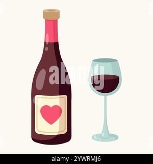 Red wine bottle and glass. Happy Valentines day. Hand drawn. Vector illustration in flat style. Stock Vector