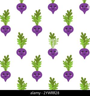 Vector seamless pattern of flat cartoon hand drawn doodle beet root with kawaii face isolated on white background Stock Vector