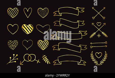 Vector set of golden hand drawn doodle sketch elements isolated on black background. Bundle of valentines day hearts ribbons and arrows illustration Stock Vector