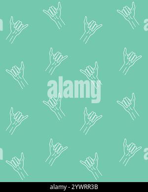 Vector seamless pattern of white hand drawn doodle sketch Shaka surfing sign isolated on mint background Stock Vector