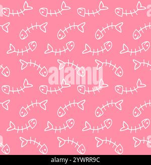 Vector seamless pattern of white hand drawn doodle sketch fish skeleton isolated on pink background Stock Vector