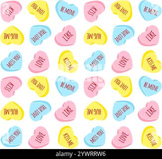 Vector seamless pattern of different colored hand drawn doodle sketch valentine candy hearts with love text isolated on white background Stock Vector