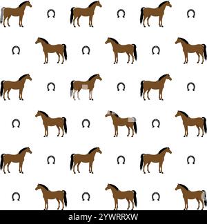Vector seamless pattern of flat cartoon bay brown horse and horseshoe isolated on white background Stock Vector