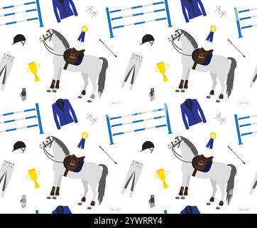Vector seamless pattern of flat cartoon horse riding sport equipment isolated on white background Stock Vector