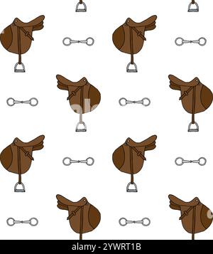 Vector seamless pattern of hand drawn doodle sketch colored horse riding equestrian saddle and bit isolated on white background Stock Vector