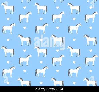 Vector equestrian seamless pattern of flat cartoon white gray horse and hearts isolated on blue background Stock Vector