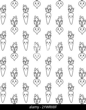 Vector seamless pattern of hand drawn doodle sketch cartoon carrot and beetroot with face isolated on white background Stock Vector