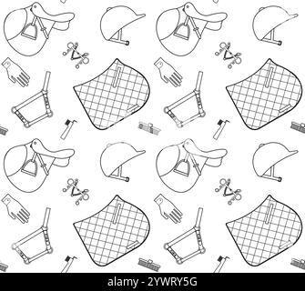 Vector seamless pattern of flat black outline horse riding sport equipment isolated on white background Stock Vector
