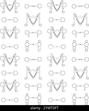 Vector equestrian seamless pattern of outline flat cartoon different horse bits isolated on white background Stock Vector