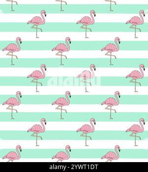 Vector seamless pattern of hand drawn doodle sketch pink flamingo isolated on mint green stripped background Stock Vector