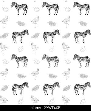 Vector seamless pattern of hand drawn doodle sketch zebra and flamingo isolated on white background Stock Vector