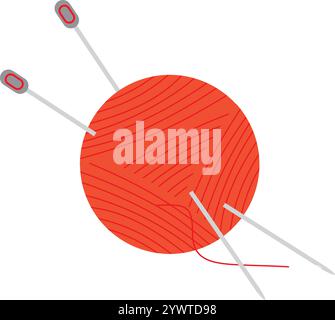 Skein of thread for knitting and knitting needles. Red clew ball of thread isolated on white background. Flat illustration of Knitting needles Stock Vector
