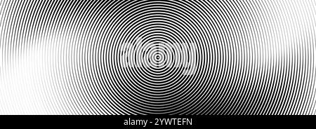 Black concentric circle texture. Radial geometric pattern background. Linear epicenter, radar or target concept. Round rippled ring wallpaper for brochure, template, poster, overlay. Vector Stock Vector