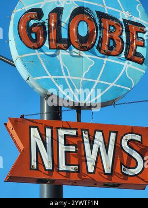 Close up of the iconic turquoise and red vintage neon Globe News sign on the New Jersey building in Superior, Wisconsin. Stock Photo
