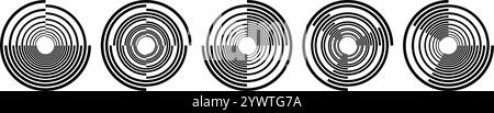 Black radial spiral pattern set. Circular rotating speed line form collection. Spinning circle sound wave bundle. Abstract music waveform element pack for icon, badge, logo, tag, label. Vector Stock Vector