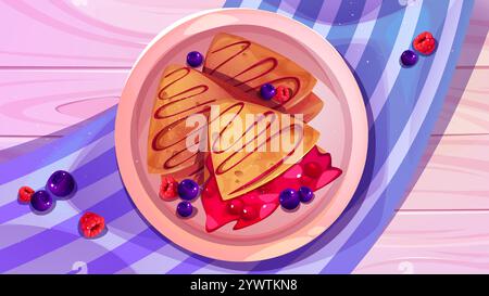 French breakfast setting with crepe Suzette on plate filled with cherry jam topping, fresh blueberries and raspberries, poured with chocolate syrup. Thin pancake on dish stand on pink table with cloth Stock Vector