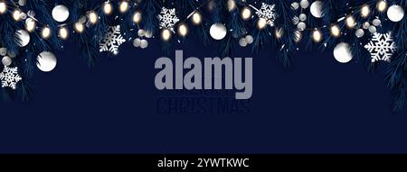 Christmas border with glowing string lights and dark blue evergreen branches. Night scene featuring white ornaments, silver snowflakes and greeting text. Noel holiday header or winter seasonal banner. Stock Vector