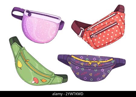 Fanny pack set. Belt and shoulder bags - pink glitter pouch, red polka dot, green carrier with leaf prints, geometric patterned purple waist pack. Modern fashion accessories for convenient storage. Stock Vector